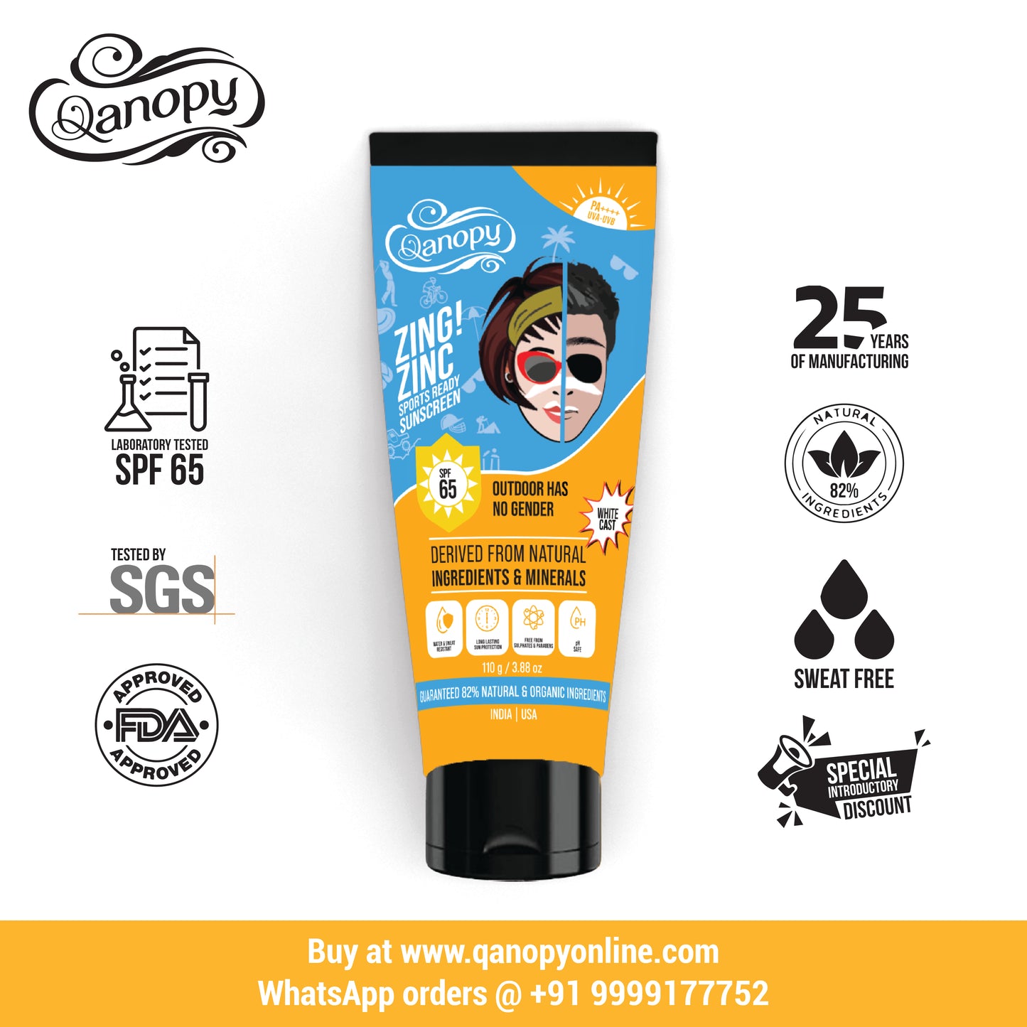 Qanopy Zing Zinc -Sports Ready Sunscreen SPF 65 - 60 G