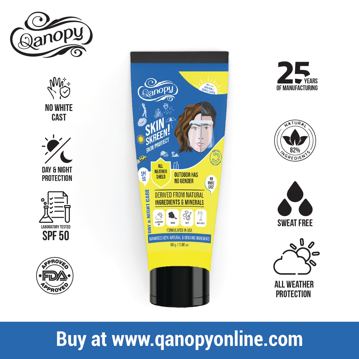 Qanopy Skin Skreen! - SPF 50 No White Cast. Day & Night protection. All weather. Protects against Sun, pollution, smog and Night HD visible Lights.